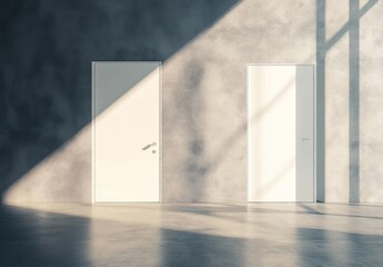 Obraz premium Two white doors in a sunlit concrete hallway