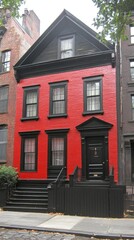 Red brick building with black trim and windows surrounded by other buildings and lush trees