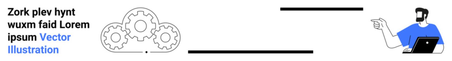 Fototapeta premium Cloud with interlocking gears represents technology and integration. A man points while using a laptop. Ideal for cloud technology, teamwork, data sharing, IT management, innovation, digital