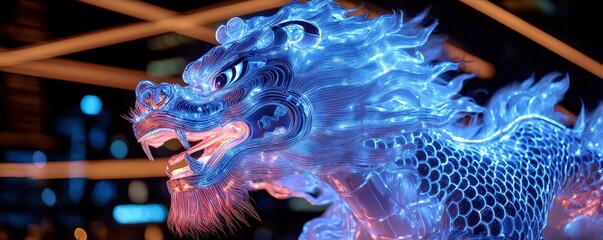 Obraz premium Cybernetic Lion Dance Costume Glowing with Futuristic LED Lights