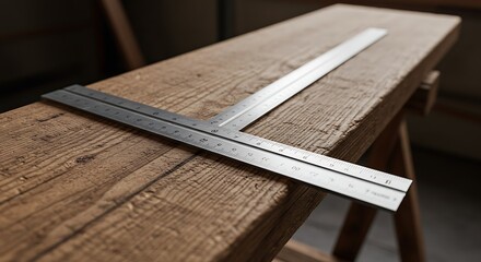 T-square Resting on Wooden Beam for Accurate Measurement and Carpentry