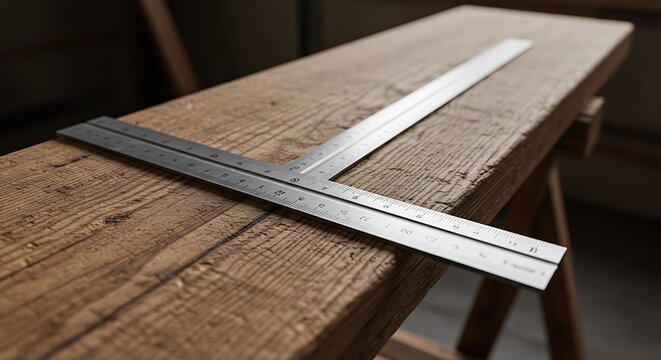 T-square Resting on Wooden Beam for Accurate Measurement and Carpentry