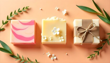 A high-angle, close-up studio shot features three bars of artisanal soap, each uniquely adorned and arranged in a horizontal row against a solid peach-colored backdrop