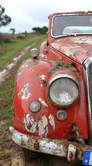 Fototapeta premium A vintage red car sits abandoned on a dirt road, showing heavy signs of rust and decay