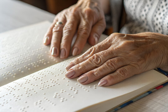 Elderly Woman Reading Braille Book Close Up Hands Detail