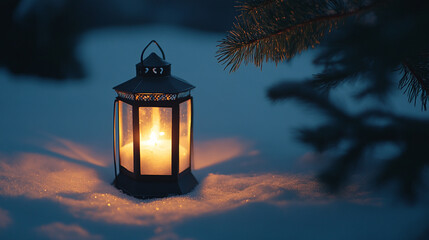 A glowing lantern sits on snow near a pine branch casting a warm light in the winter landscape