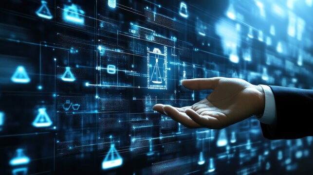 Hand interacting with digital scientific data.  A person's hand hovering over a holographic display of scientific symbols, charts, and data visualizations