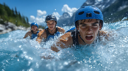 Fokussierter Junge mit Helm beim Wildwasserschwimmen in kristallklarem Bergfluss
