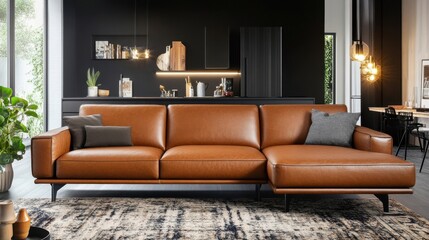 a living room with a brown leather couch and a rug