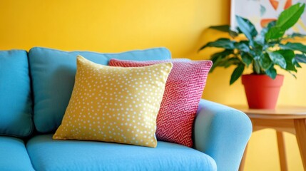 a blue couch with two pillows and a potted plant