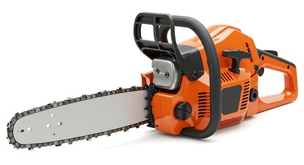 Naklejka premium Orange Chainsaw Isolated on White Background for Lumber or Woodworking Tasks