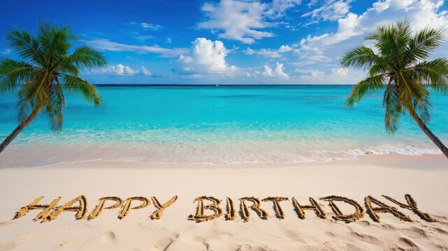 Tropical beach with Happy Birthday written in sand