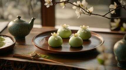 Elegant Matcha Wagashi Display in a Tranquil Tea Room Setting