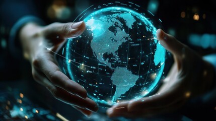 Hands holding a holographic globe.  Detailed map data overlays