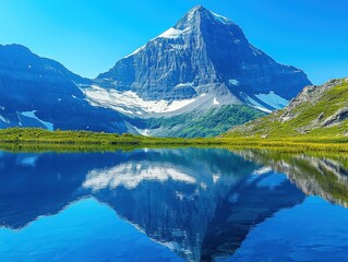 Naklejka premium Scenic nature landscape: blue sky reflects on water of the lake, mirroring mountain peaks. The reflection showcases the mountain's beauty.