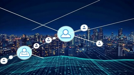 A futuristic city skyline at night with digital connections and user icons representing networking and technology - Powered by Adobe