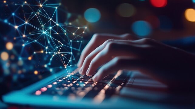Hands typing on a laptop, network graphic overlay (2)