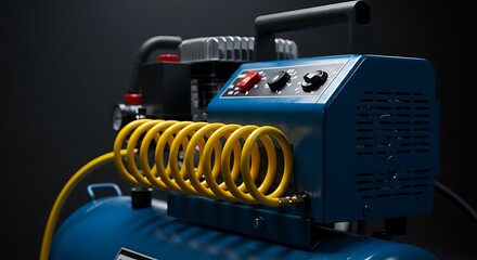Air Compressor Close-up with Yellow Hose and Blue Tank on Dark Background