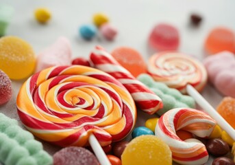 Colorful assortment of candies and lollipops on a bright background