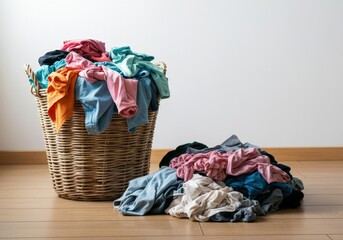 Laundry basket overflowing with colorful clothes and a pile on the floor