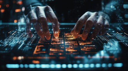 Hands typing on digital circuit board