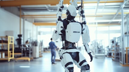 Robotic exoskeleton helping workers in a factory with heavy lifting, high-tech exoskeletons aiding workers in lifting heavy parts in a factory, High-tech style