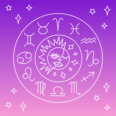 Zodiac signs in circle and stars, white line on a purple pink gradient background, Astrology, vector illustration, line art