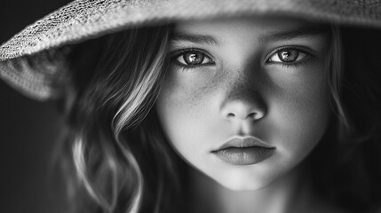 Black and white portrait of a young woman with a hat looking directly at the camera with soft light