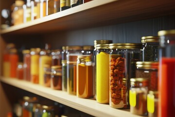 Colorful variety of spices organized on shelves in a kitchen