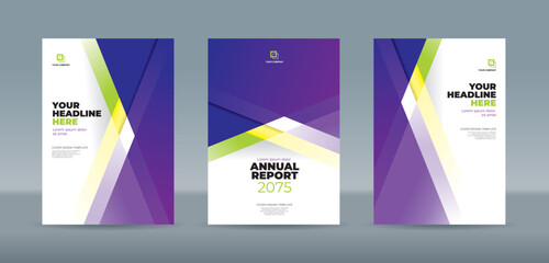Stylish and editable book cover template featuring purple, green, yellow, and white geometric designs. A4 size book cover template for annual report, magazine, booklet, proposal, brochure, poster
