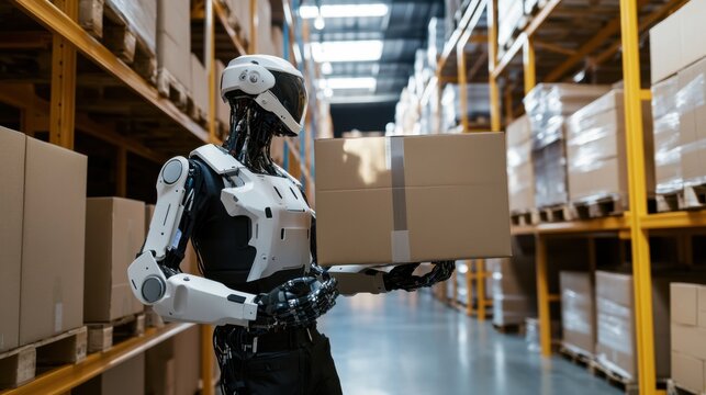 Robotic exoskeleton helping workers in a warehouse with heavy lifting, high-tech warehouse setting with workers using robotic exoskeletons to lift boxes, High-tech style