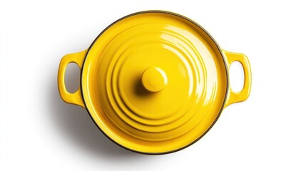 Yellow ceramic pot, lid closed, studio shot, white background, cooking
