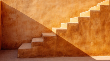 Artistic photo of carved staircase shadows, natural clay material, interplay between geometry and sunlight