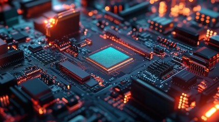 Obraz premium High-tech circuit board with central processor. Complex electronic components, illuminated with glowing orange and blue lights, create a detailed image of advanced technology