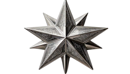 A shiny silver star tree topper with a glittery finish, isolated on transparent background.
