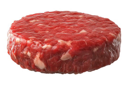 Raw beef burger patty isolated on a transparent background. Uncooked ground meat in a round shape with visible fat marbling, fresh hamburger portion for food design and cooking projects. - Powered by Adobe