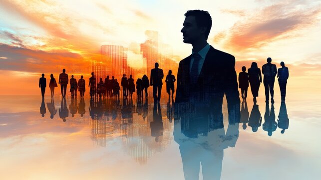 Silhouetted Business Figures Against Vibrant Sunset Background