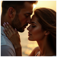 Naklejka premium Romantic couple embracing at sunset 