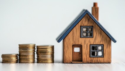 Wooden House Model With Stacks Of Coins Symbolizing Real Estate Investment