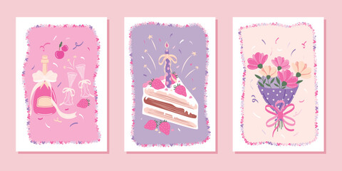 Templates for greeting cards, holiday cards, and party invitations. Modern vector illustration, hand-drawn.