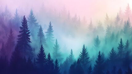 Obraz premium Enchanting Forest Vista: A mesmerizing scene of towering pine trees shrouded in a mystical, colorful mist, evoking a sense of wonder and serenity. 