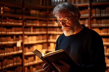 Portrait of a male historian flipping through ancient texts, blurred museum background, deep academic atmosphere, historical research --ar 3:2