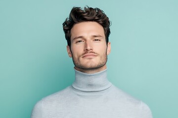 Obraz premium Minimalist portrait of a man in a light gray turtleneck, pastel teal backdrop, high-end commercial fashion shot, professional modeling --ar 3:2