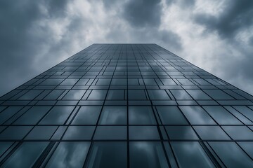 Fototapeta premium Corporate glass facade reflecting a dramatic cloudy sky, high-definition architectural aesthetics, modern corporate office design --ar 3:2