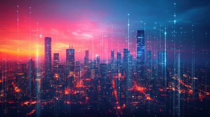 Fototapeta premium futuristic cityscape with glowing data streams a vibrant blend of technological advancement and urban connectivity at twilight