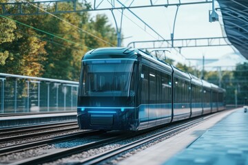 Modern electric train arriving at bustling station during clear daytime