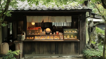 Rustic Japanese sweets shop in countryside inn corner with greenery