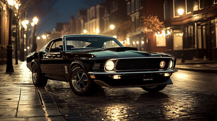 Fototapeta premium Red Classic Car Driving on a Night City Street