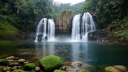 Obraz premium A stunning waterfall cascades into a serene pool, surrounded by lush greenery and rocky terrain, creating a tranquil natural oasis.