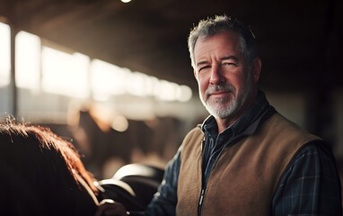 Detailed portrait of a male horse trainer adjusting a saddle, rustic and professional equestrian atmosphere --ar 16:10
